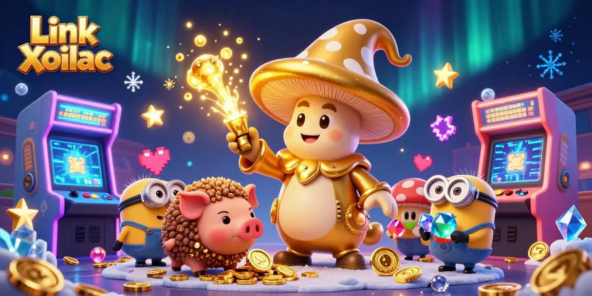 Transform your gaming experience with Link Xoilac's vibrant 3D illustration showcasing a magical casino adventure.