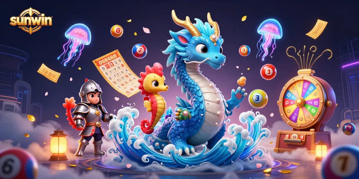 Engage with sunwin's vibrant lottery scene featuring a dragon and seahorse in a dazzling casino atmosphere.