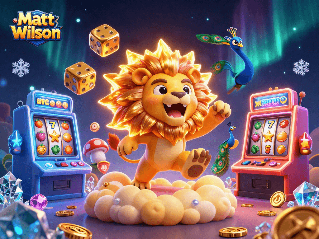 Engage in thrilling casino action with Matt Wilson, featuring dynamic slot machines and a roaring sun lion.