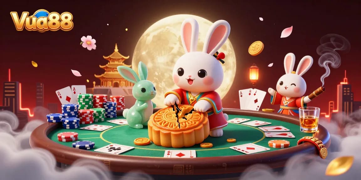 Experience the excitement of Vua88 with a vibrant 3D scene showcasing an enchanting moon rabbit at a poker game.