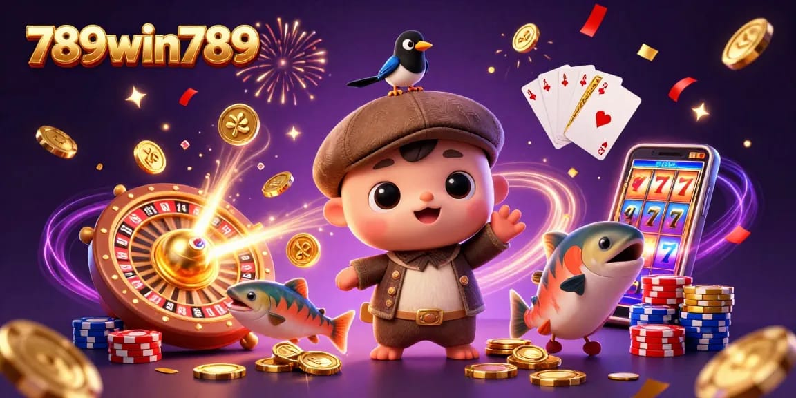 Sparkling golden coins and gems surround 789win789 characters celebrating casino wins and fun.