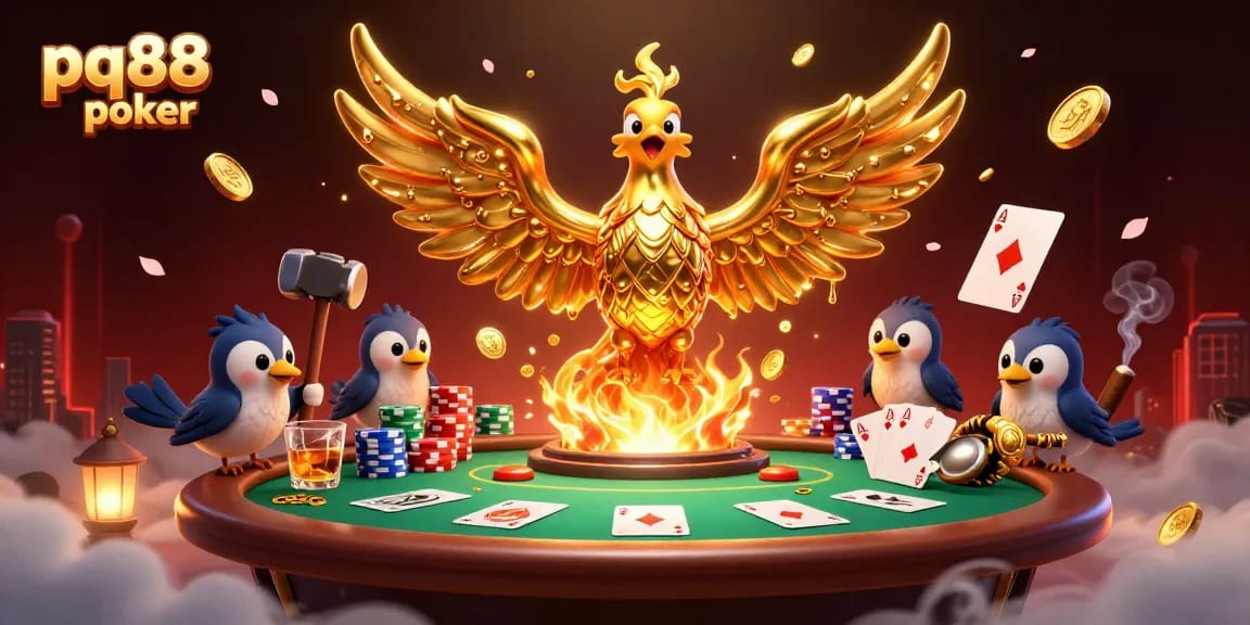 Experience thrilling pq88 poker action with a molten phoenix, poker chips, and high-stakes gameplay.