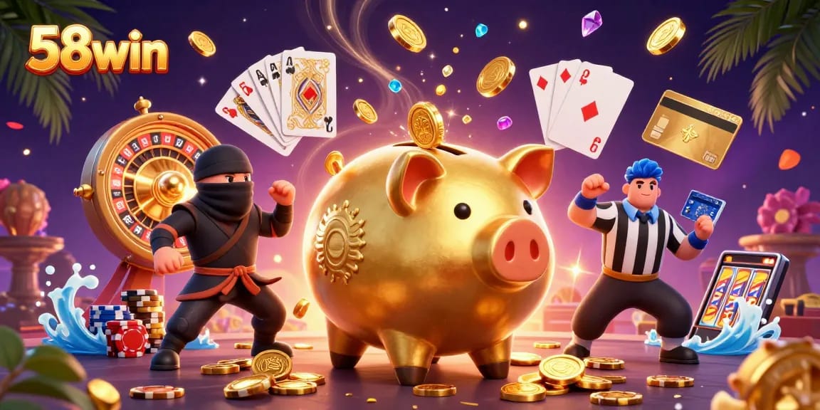 58win's action-packed casino experience with vibrant characters and golden elements.
