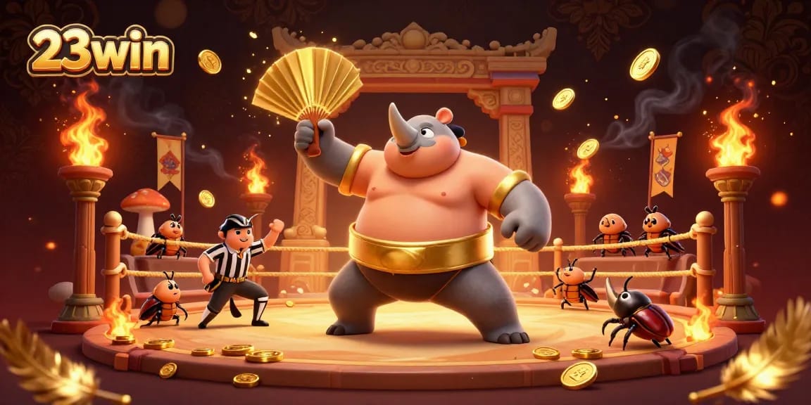 Experience excitement at 23win with a dynamic 3D illustration featuring a sumo beetle and betting action.