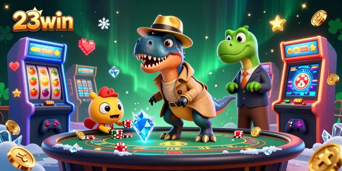 Experience thrilling games at 23win with a velociraptor card counter and vibrant casino elements.