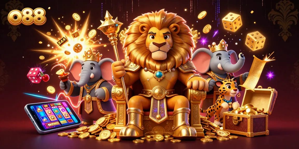 Experience excitement at o88 with a vibrant 3D scene featuring a lion king, elephant advisor, and cheetah messenger.