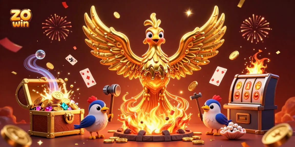 Win exciting rewards at zo win with a vibrant 3D illustration of gold and gaming elements.