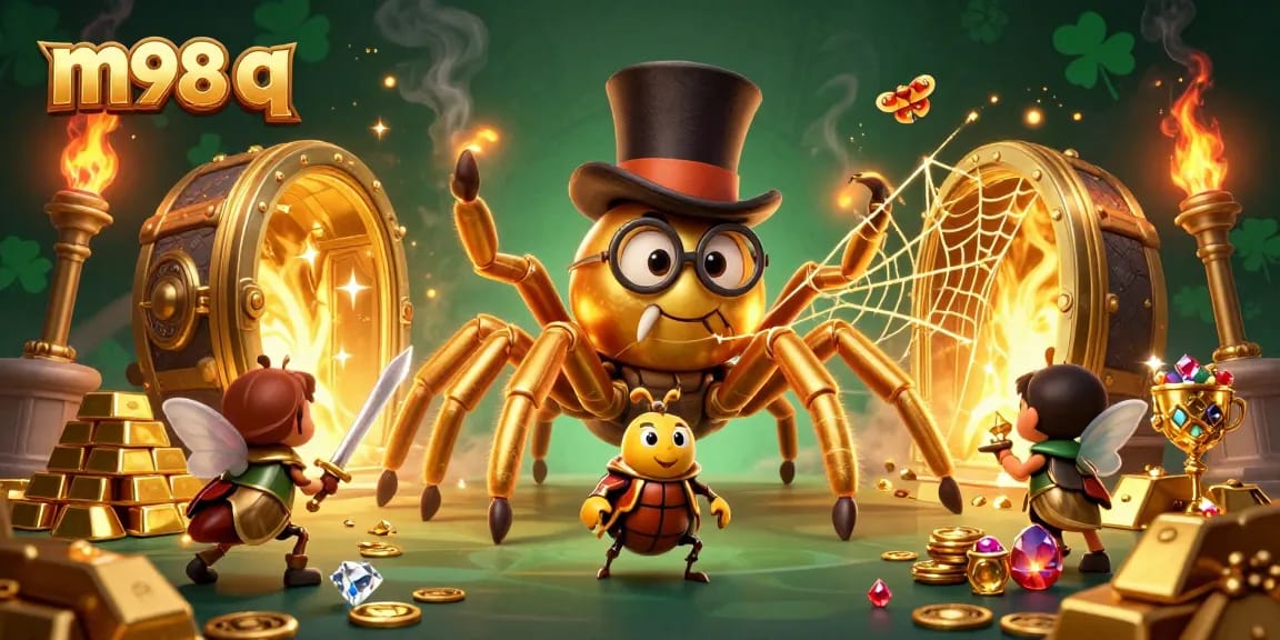 Engage with the excitement of m98 q in a vibrant 3D illustration of casino elements, featuring a giant tarantula.