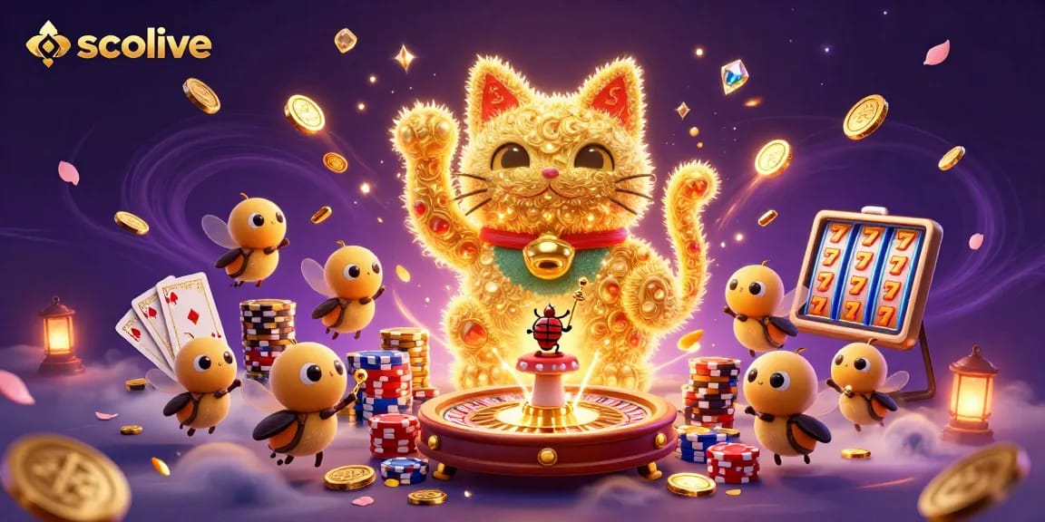 Socolive captivates with a dynamic scene of a giant lucky cat made of golden fireflies and casino symbols.