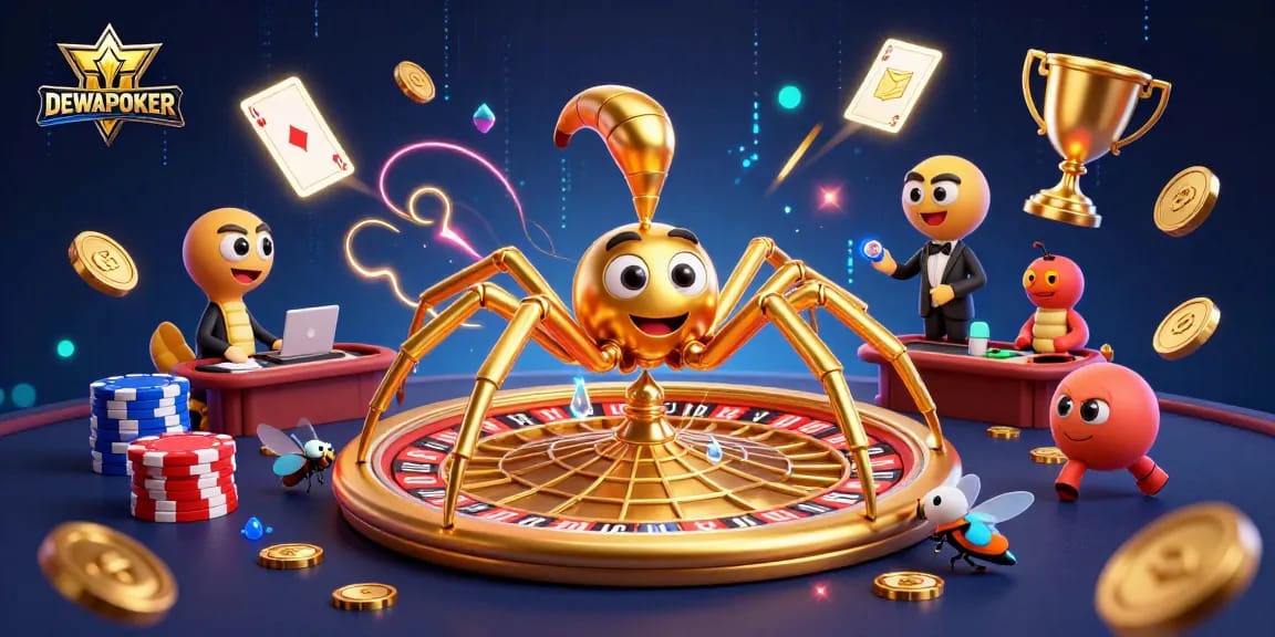 Bet on DEWAPOKER with a 3D cartoon scene featuring poker elements and exciting gameplay.