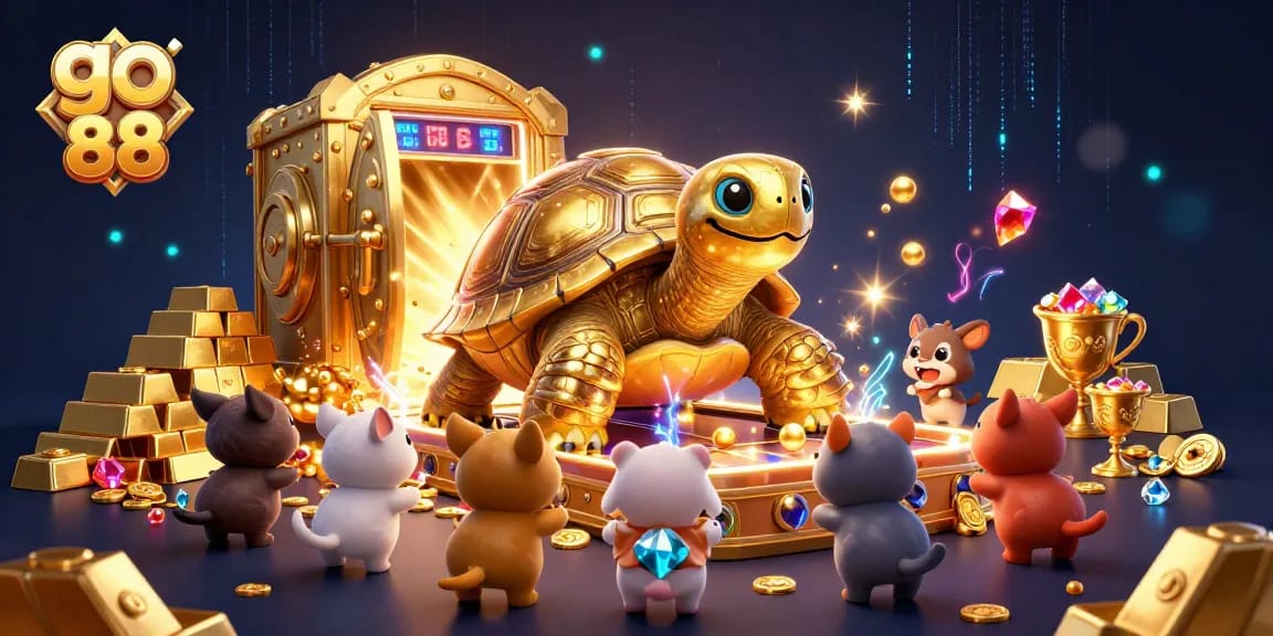 Play thrilling games at go 88 with a vibrant illustration of a golden tortoise pinball machine amidst treasure and excitement.