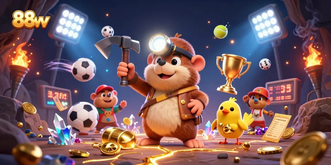 Experience big wins with 88vv as our treasure hunter mole uncovers jackpots in a vibrant casino scene.
