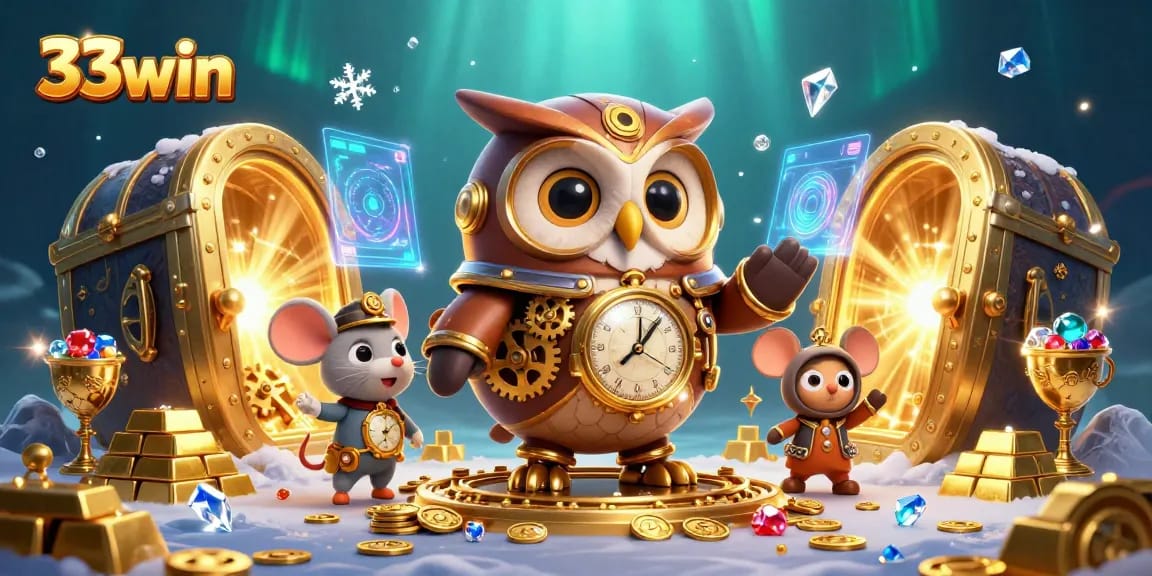 Experience the thrill of 33win as the time-traveler owl and mouse explore a bustling casino scene.