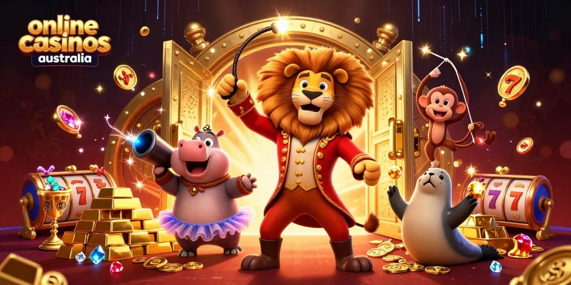 Engage with online casinos australia in this lively 3D scene featuring a circus ringmaster lion and more!