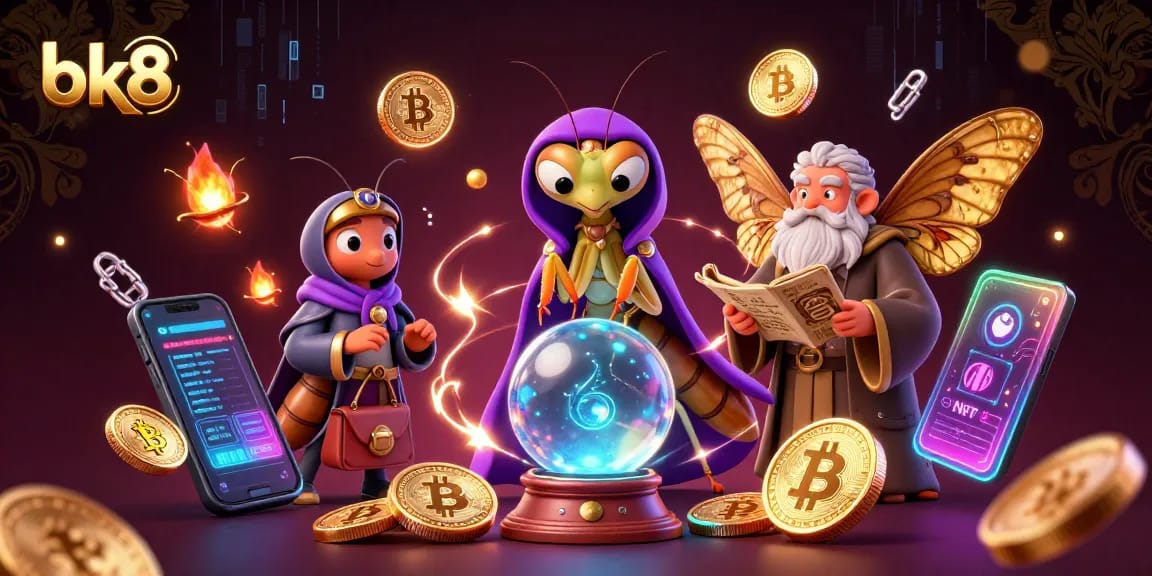 Experience bk8 at a mystical casino scene with fortune tellers and cryptocurrency elements.