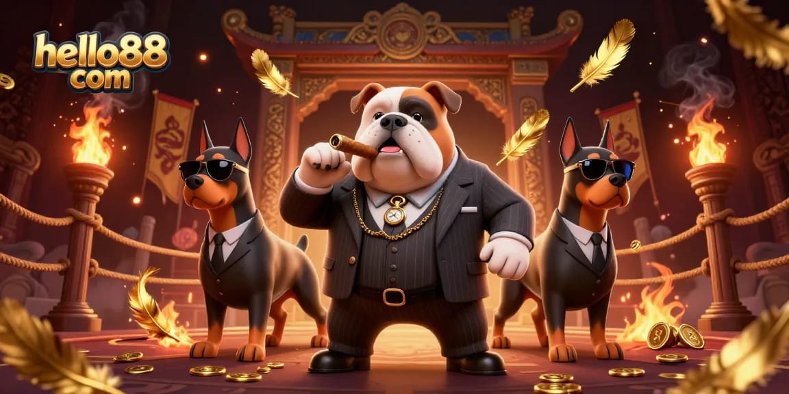 Experience the excitement of hello88 com with the mafia boss bulldog and his Doberman guards in a vibrant casino scene.