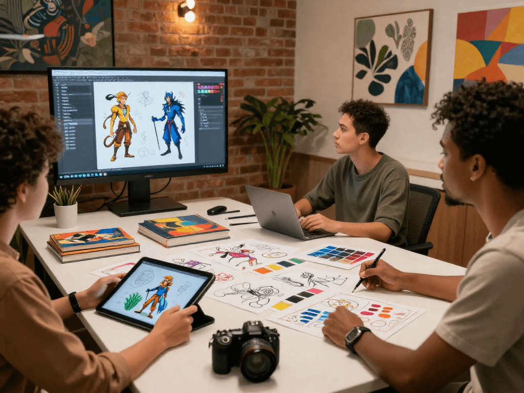 Collaboration on nsfw ai project in creative workspace with artists and digital tools