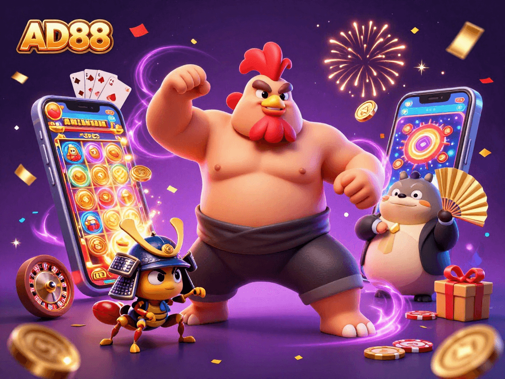 Spin reels and win prizes with AD88 in this vibrant casino-themed illustration.