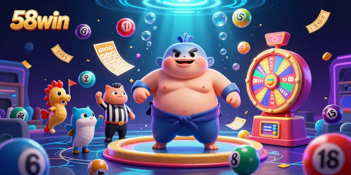 Engage with the thrilling undersea world of 58win, featuring a fugu in a sumo belt amidst vibrant lottery elements.