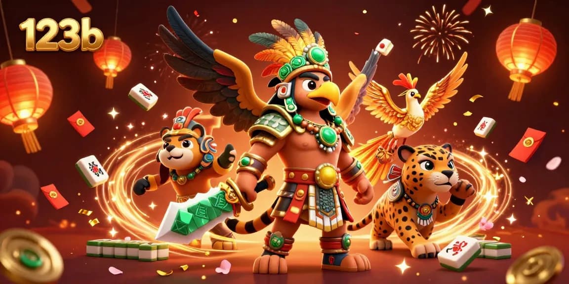 Experience the excitement of 123b with a dynamic casino scene featuring Aztec warriors and rich game elements.
