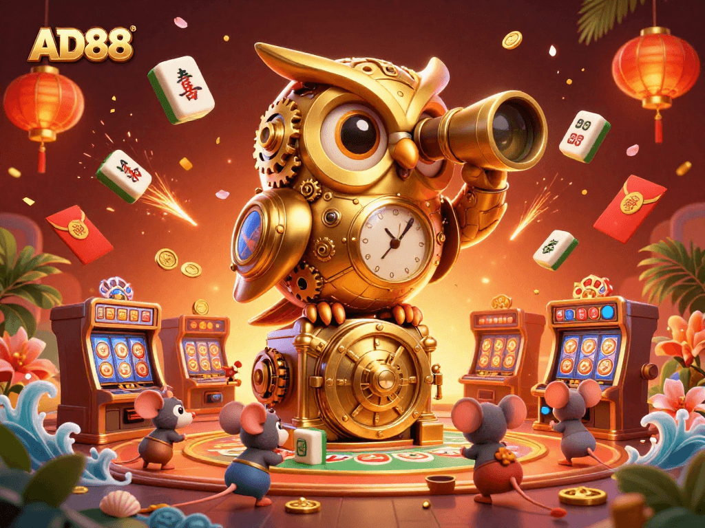 AD88 enhances gameplay with a clockwork golden owl overseeing micro patrons and dynamic casino elements.