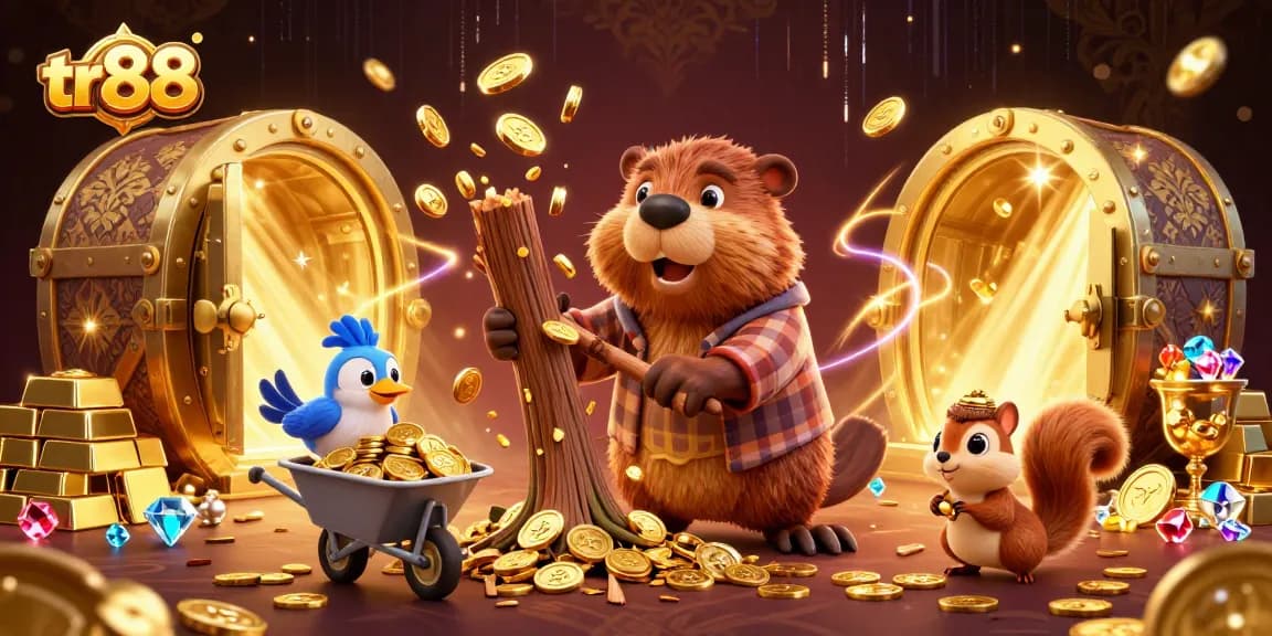 Experience the excitement of tr88 with characters engaging in a vibrant casino scene filled with treasures.