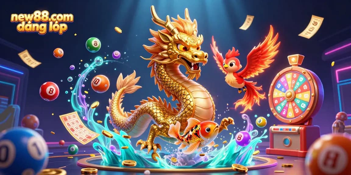 Experience thrilling gameplay with new88.com đăng nhập featuring a dazzling dragon, phoenix, and koi in a vibrant casino scene.