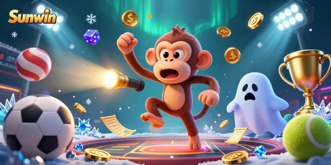 Experience the excitement of Sunwin with a playful poltergeist monkey and ghost-hunter puppy in a lively casino setting.