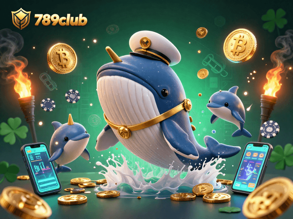 Experience the excitement at 789club with a cartoon whale and vibrant gaming elements in action.