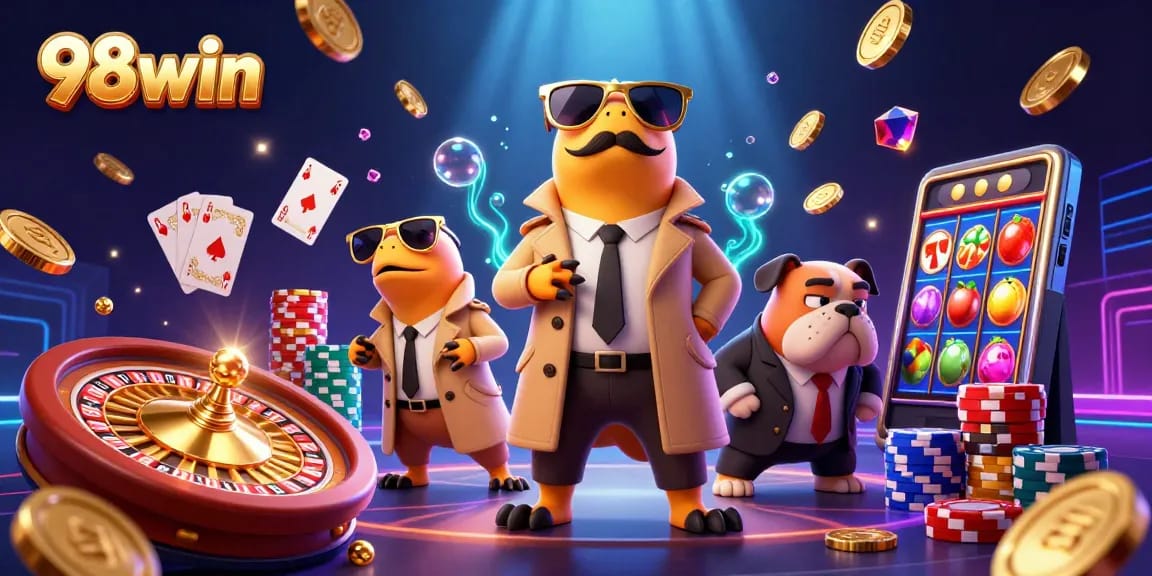 Experience the thrill of winning at 98win with cartoon raptors in a casino setting.