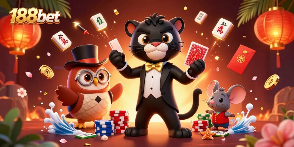 Engage with 188bet through a vibrant casino scene featuring a stylish panther and a charming owl.