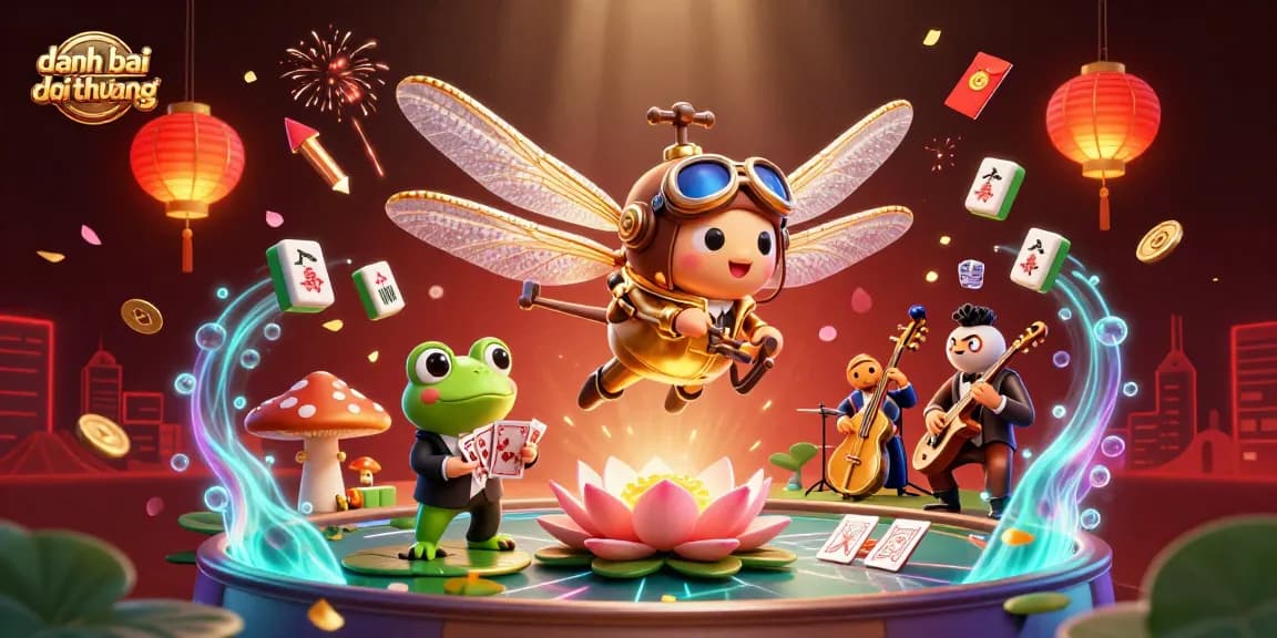 Engage in the exciting action of danh bai doi thuong at a vibrant lily pad casino with unique characters.