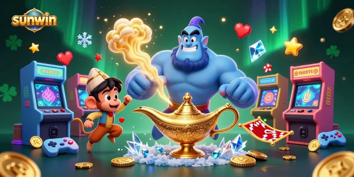 Join the excitement of sunwin with a vibrant illustration showcasing a genie, monkey, and magic carpet among casino games.