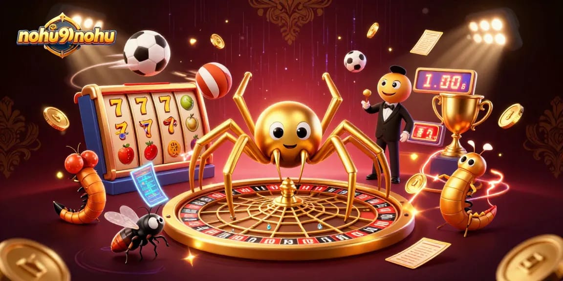 Nohu90nohu attracts players with a golden spider and roulette web showcasing thrilling jackpots.