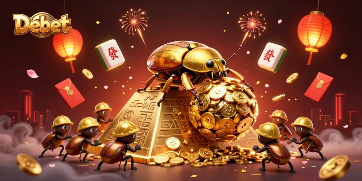 Engage with Debet as a massive golden dung beetle rolls a coin ball in a vibrant casino scene.
