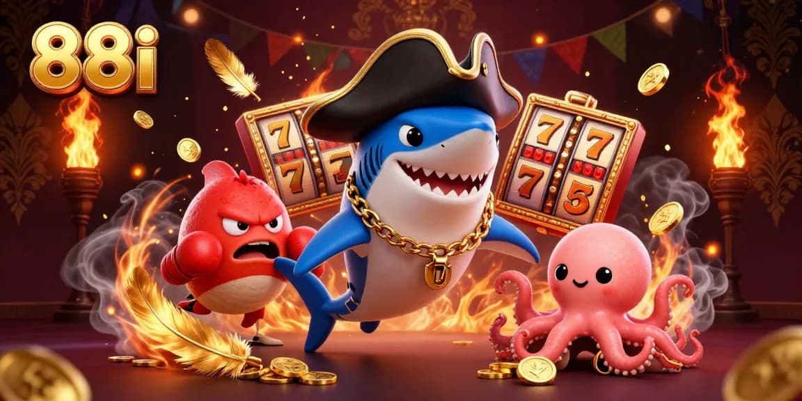 Experience thrilling gameplay with 88i's dynamic casino scene featuring a pirate shark and treasure-filled octopus.