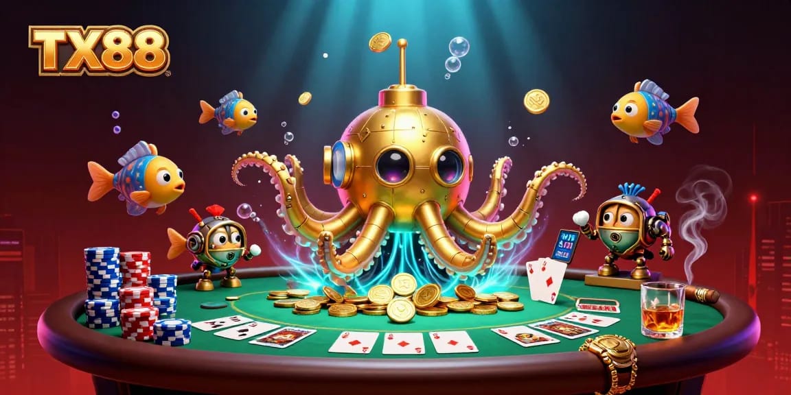 Experience TX88's thrilling poker game with golden kraken submarine surfacing amidst poker chips.