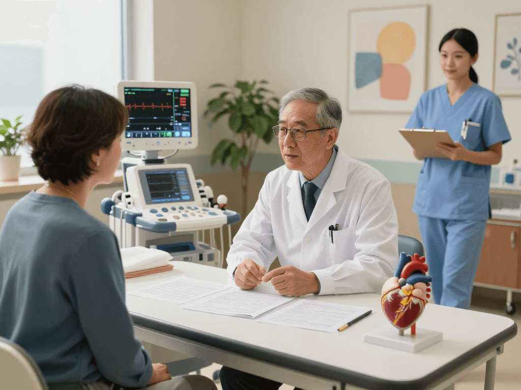 Consult a heart surgeon during a patient-physician discussion in a welcoming medical environment.