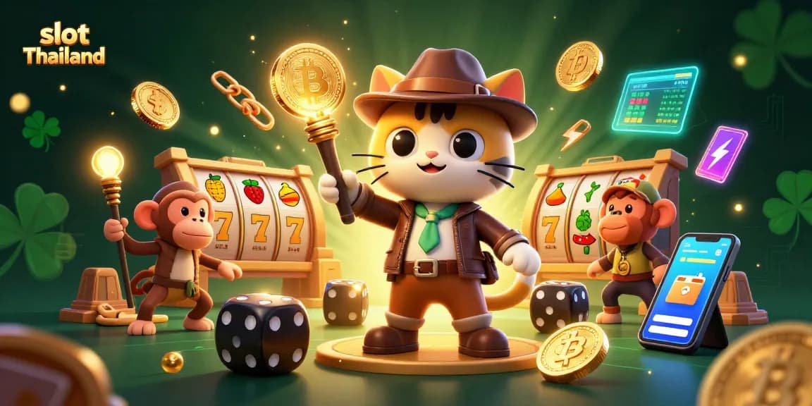Menangani slot Thailand dengan strategi jitu dan simbol mesin slot di latar belakang kasino