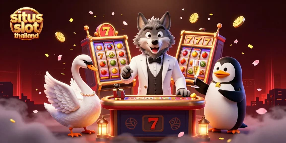 Situs slot thailand showcases vibrant 3D characters enjoying slot games with dynamic visuals and festive elements.