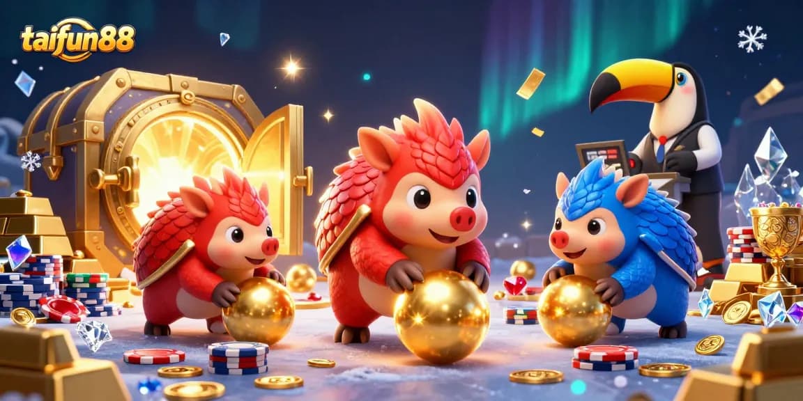 Experience thrilling casino action with taifun88 as rival pangolins roll into golden balls surrounded by poker chips.