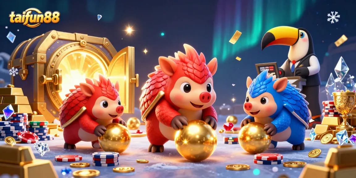 Experience thrilling casino action with taifun88 as rival pangolins roll into golden balls surrounded by poker chips.