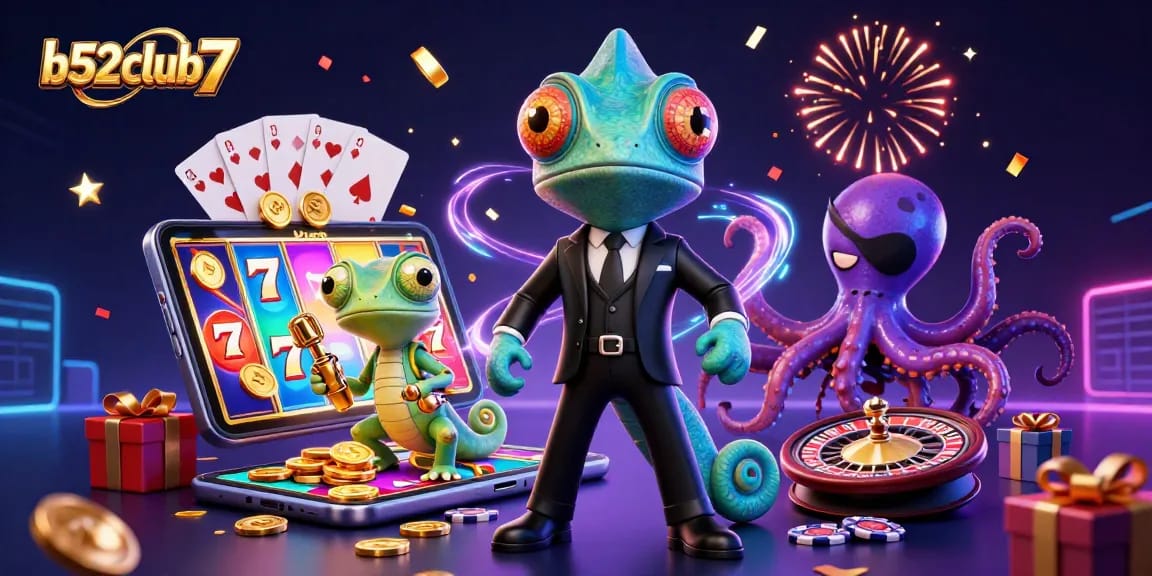 Bets come alive at b52club7 with colorful slots and vivid characters in a dynamic casino scene.