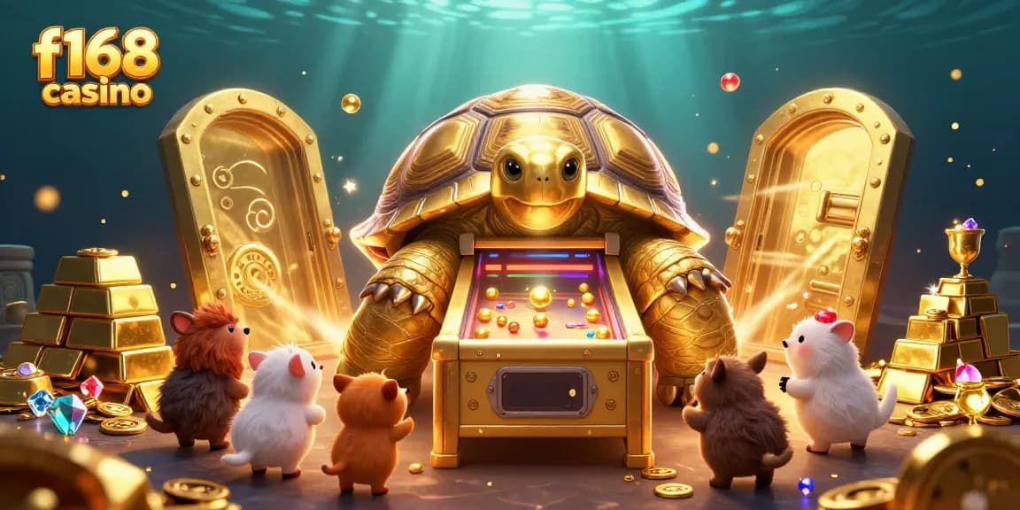 Experience the excitement of f168 casino with a vibrant 3D illustration of a golden tortoise machine and treasure.