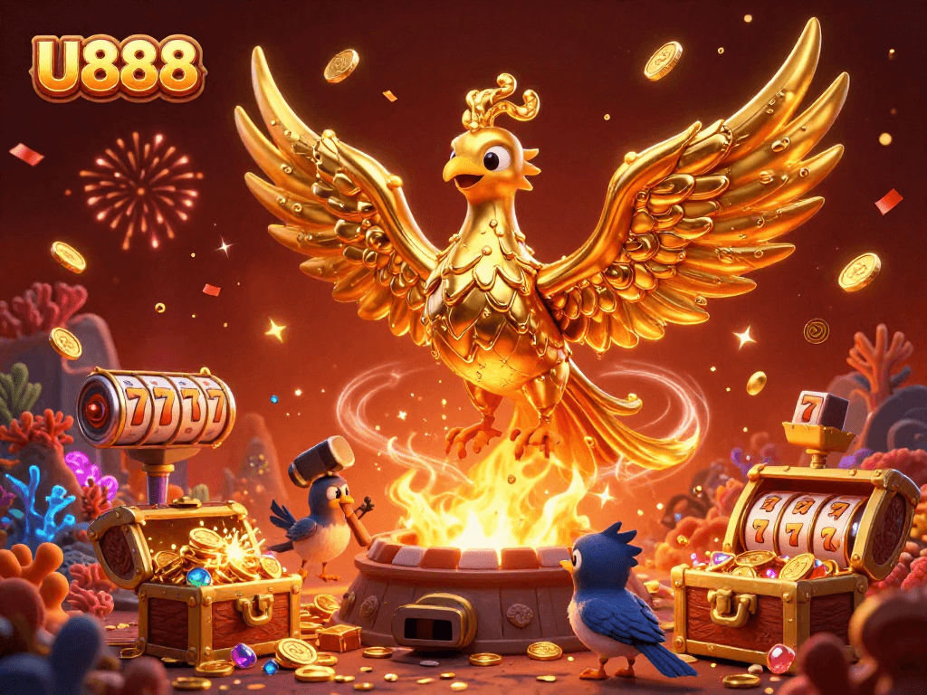 Spin and win with U888's golden phoenix and treasures in a vibrant casino scene.