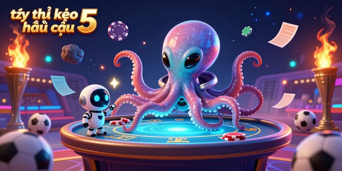 Engage in sports betting with tỷ lệ kèo nhà cái 5 alongside a cosmic octopus managing a holographic poker table.
