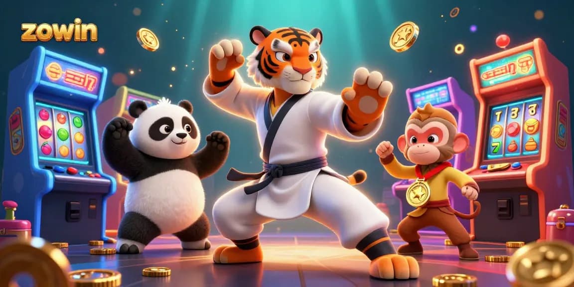 Zowin slots come alive with a kung fu tiger master, panda disciple, and playful monkey amidst vibrant casino elements.