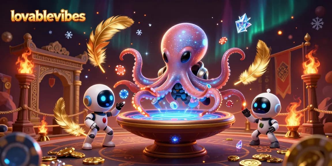 Experience thrilling gaming with lovablevibes as an alien octopus operates a holographic poker table.