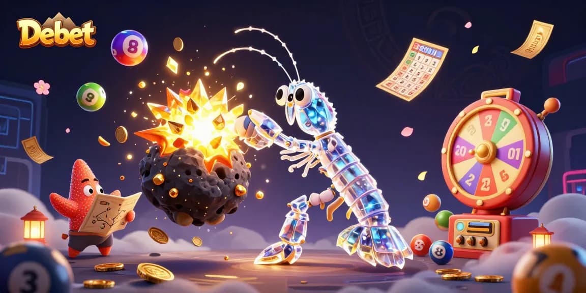 Debet captures golden gems and coins in a vibrant lottery scene with dynamic 3D characters.