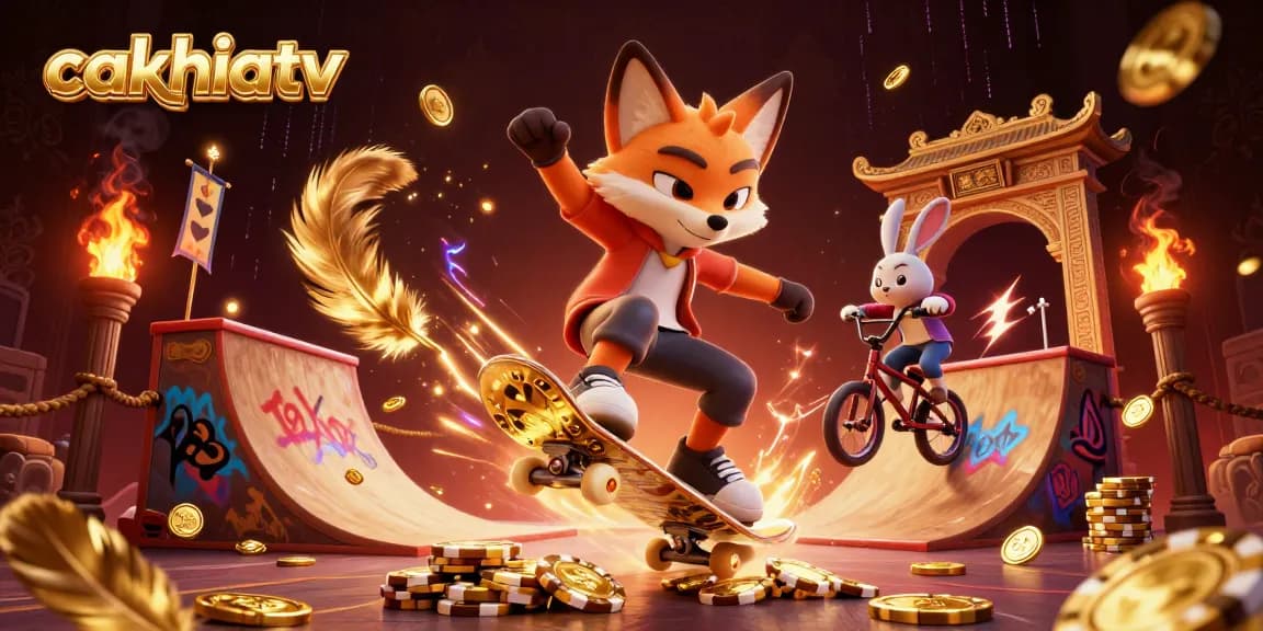 Experience the vibrant world of cakhiatv as the fox performs a kickflip over golden poker chips.